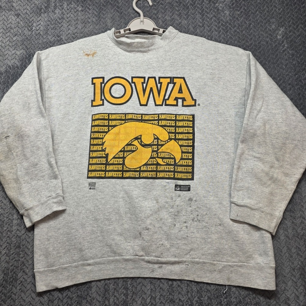 Vintage Iowa Hawkeyes Sweatshirt Mens XL‎ Gray Distressed Faded 90s Tultex